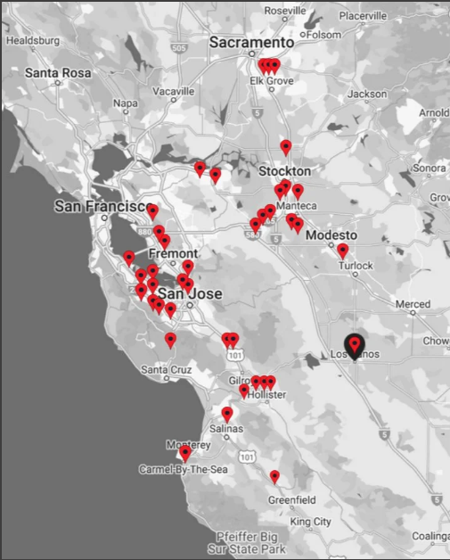 Map of partnered service areas across the Bay Area, Monterey Bay Peninsula, and Central Valley